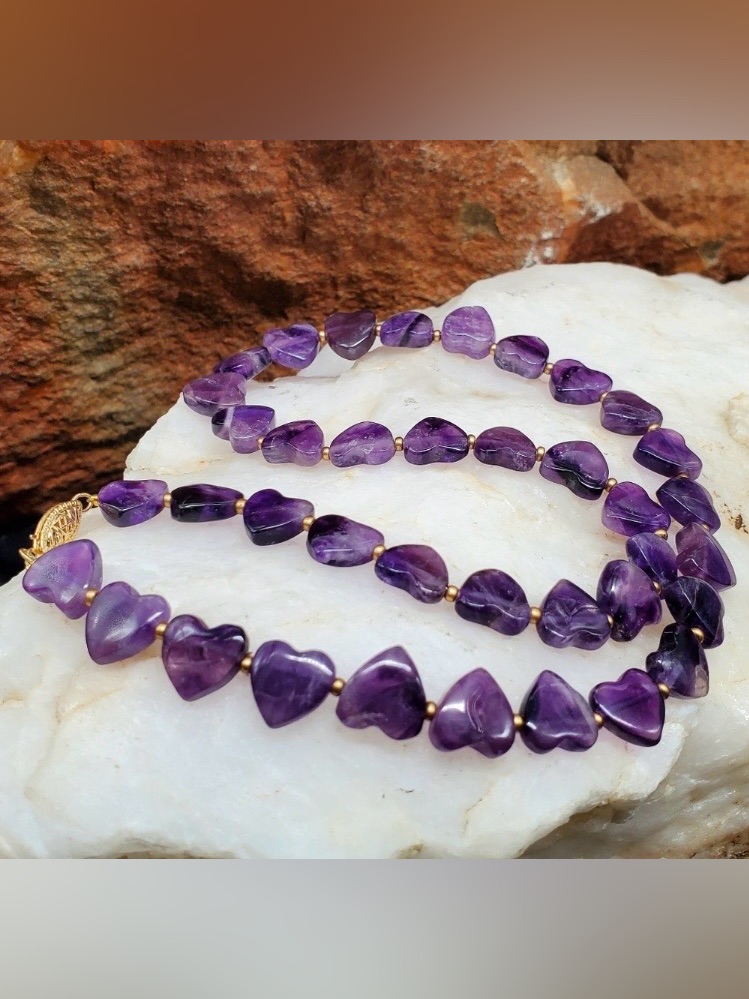 Genuine Amethyst Stone Heart Necklace With Solid 14k Gold Clasp